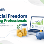 Financial freedom for young professionals with savings, investment growth, planning tools, and protection icons by Inspiralife