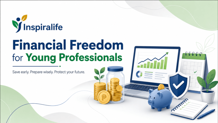 Financial freedom for young professionals with savings, investment growth, planning tools, and protection icons by Inspiralife